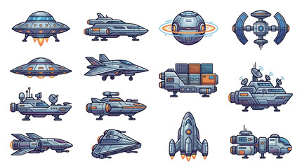 Collection of futuristic spacecraft and alien flying saucers. © Adit