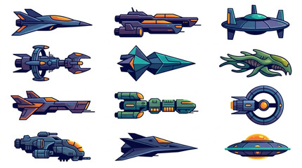 Collection of futuristic spacecraft and alien ships in pixel art style. © Adit
