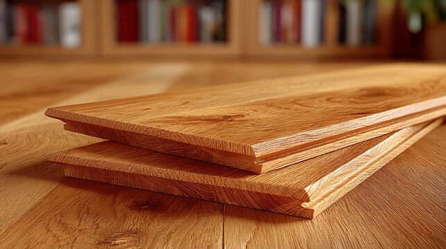 Natural oak wood planks stacked on a wooden floor in a cozy interior setting with flooring