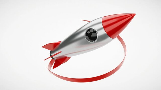 Silver space rocket launching through red circular orbit.