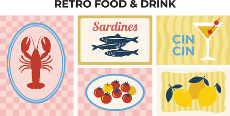 Fototapeta premium Retro food and drink collection flat vector illustration with lobster.