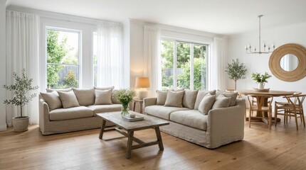 Fototapeta premium Elegant Living Room with Comfortable Sofas, Coffee Table, and Natural Light.