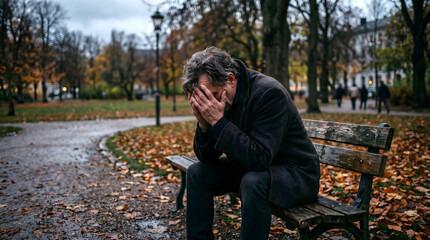Fototapeta premium man in anguish sitting on lonely park bench