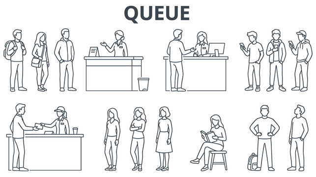 Queue line set people stand wait in line customer service bank.