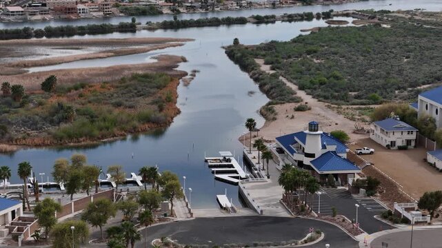 Drone Shot of Lighthouse on Laughlin Bay Marina and Bog Bend of Colorado River, Nevada USA