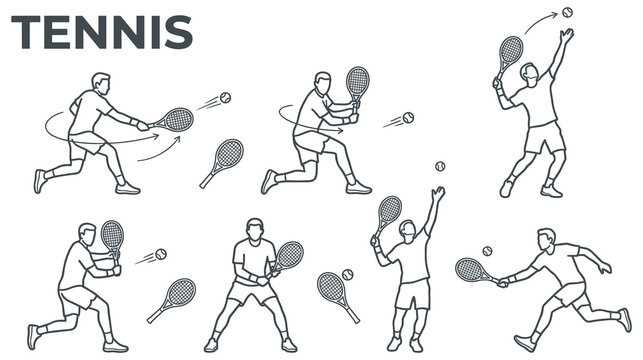 Tennis players performing different strokes line vector illustration.