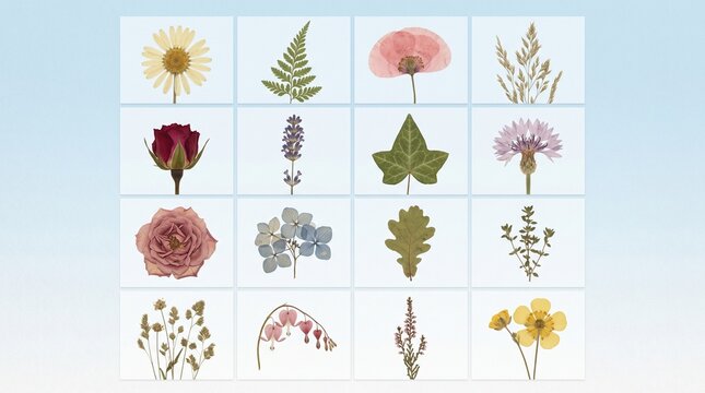 Collection of various pressed dried flowers and leaves isolated on white