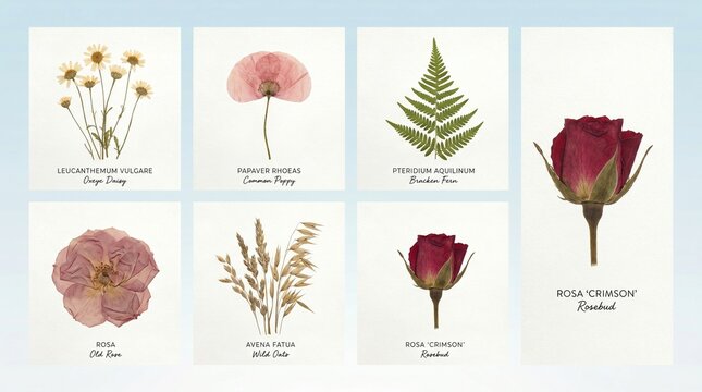 Collection of pressed dried flowers and plants isolated on white background