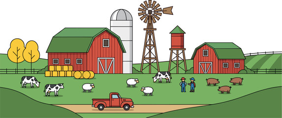 Rural farm landscape with barns livestock windmill farmers and agricultural countryside scene vector illustration © Danial