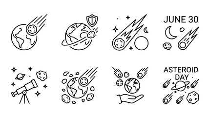 Asteroid Day Icons: Earth Protection, Space Exploration, Meteor Shower, Celestial Objects © Janganan