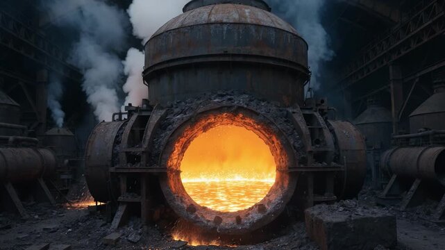 Medium shot capturing a reverberatory furnace with a spacious design highlighting the gentle heating and molten copper shimmering inside the smelting chamber
