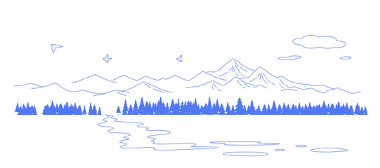 針葉樹と山のシルエットの風景イラスト　背景　フレーム　アウトドア © gelatin