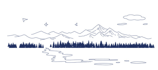 針葉樹と山のシルエットの風景イラスト　背景　フレーム　アウトドア © gelatin