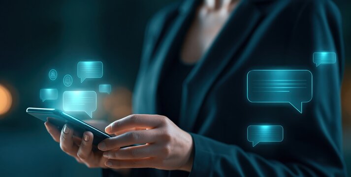Person using smartphone with holographic chat interface in dark tech