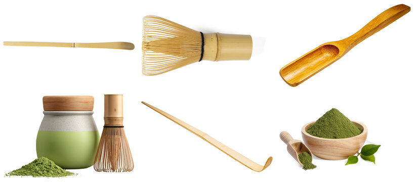 Collection of essential matcha tea preparation tools, including whisk, scoop, and powder.