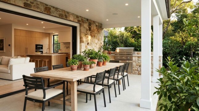 Elegant outdoor dining area with a long wooden table and chairs.