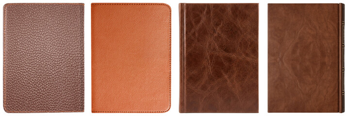 Fototapeta premium Collection of various brown and tan textured leather book and notebook covers, durable and elegant.