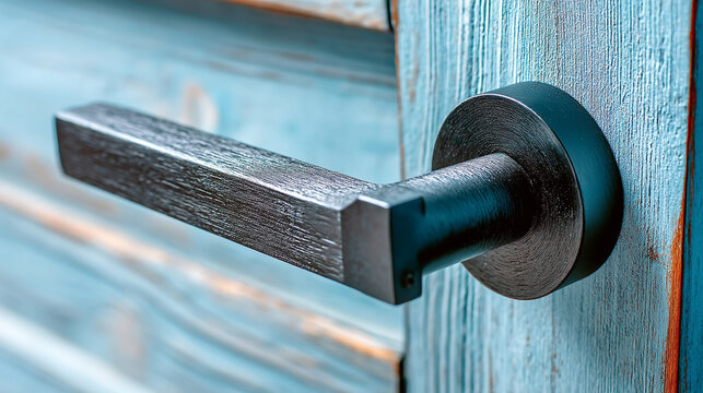 Modern matte black metal door handle on rustic blue wooden door with architecture, interior