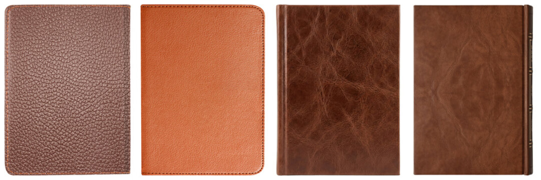 Collection of various brown and tan textured leather book and notebook covers, durable and elegant.