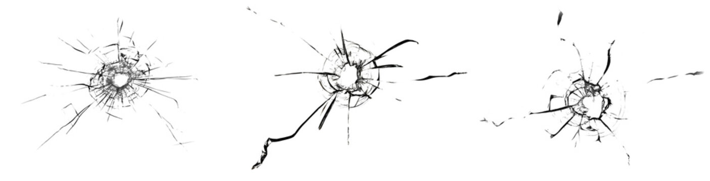 High-quality photograph of three distinct shattered glass bullet holes.