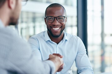 Obraz premium Smiling man handshake during business meeting in office