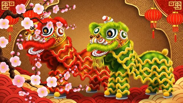Vibrant Chinese Lion Dance Performance with Cherry Blossoms and Lanterns.