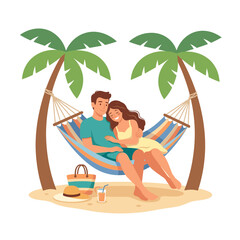 Fototapeta premium Couple relaxing in hammock on tropical beach vector illustration
