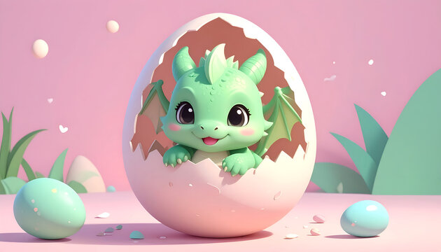 Small green baby dragon hatching from a white egg.