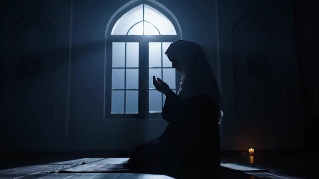 A woman in a hijab sits on the floor near a lit candle praying near an arched window indoors.