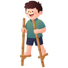 Fototapeta premium Indonesian Traditional Games Illustration.Boy walking on bamboo stilts, showing an Indonesian traditional game that builds balance, courage, and playful outdoor skill. Isolated on background