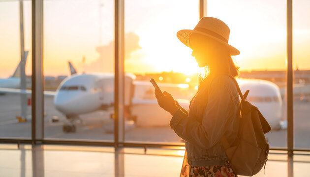 Woman at airport using smartphone during sunset near airplanes travel concept
