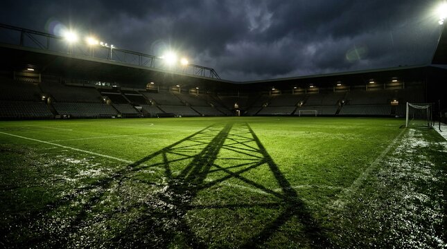 Illuminated soccer field at night with dramatic clouds and wet grass reflecting stadium lights creating a tense and atmospheric scene for sports photography