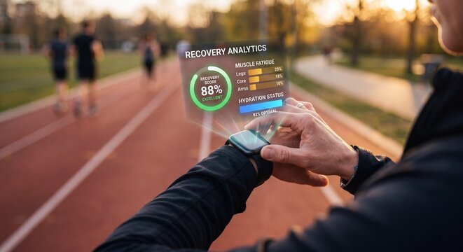 Runner checking smartwatch recovery analytics after workout on outdoor running track at sunset