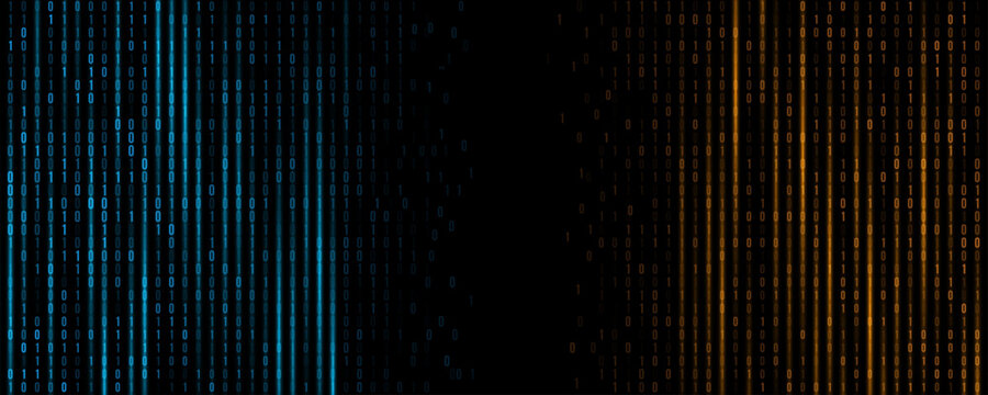 Digital glowing blue and orange binary code with random digits 0 and 1 for Technology or Science background. Data coding concept for programming web presentation. Vector illustration.