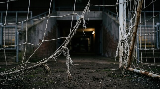 Weathered soccer goal net with ropes and rusted frame in an abandoned stadium entrance evoking nostalgia and the passage of time