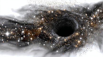 Obraz premium Captivating black hole illustration, encircled by luminous stars and dark nebulae. Profound scientific mystery and cosmic wonder emanate from powerful gravitational singularity. Vast universe