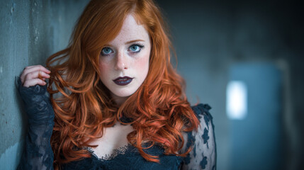 Naklejka premium Portrait of a young woman with long red hair posing against a concrete wall portrait concrete