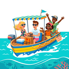 Obraz premium Diverse friends enjoy boat trip on turquoise water
