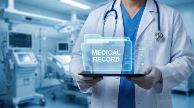 Doctor holding digital medical record on tablet in hospital room with equipment background