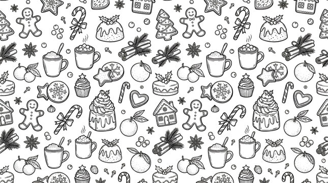 Seamless Christmas Food Pattern with Minimalist Line Art Holiday Treats and Hand Drawn Winter Elements
