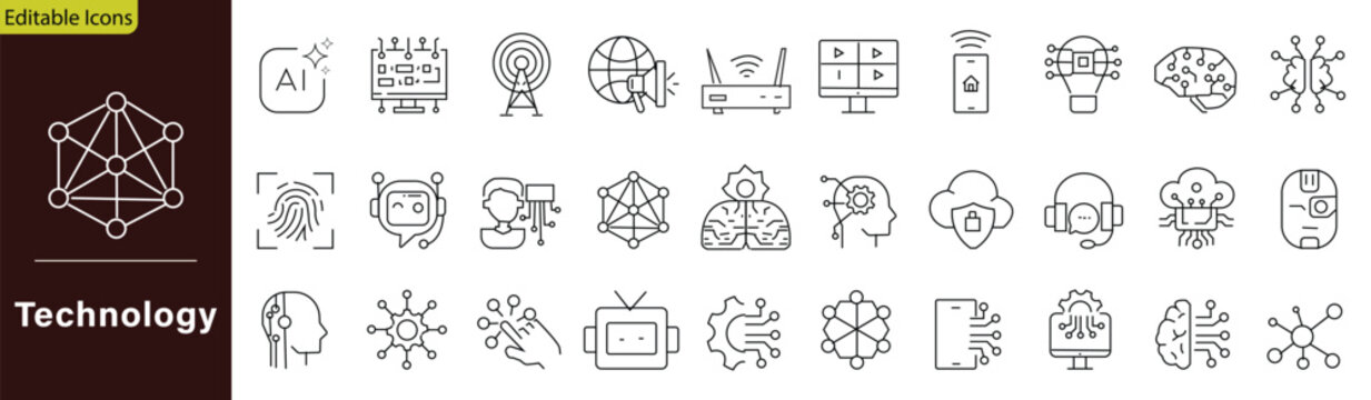 Technology icon set. Containing digital innovation, electronic devices, microchip hardware, futuristic system, tech connection, and more. Editable stroke. Vector illustration
