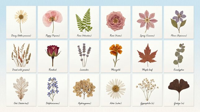 Collection of pressed dried flowers and leaves isolated on white background