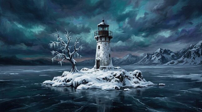 Majestic lighthouse standing resiliently on a snow covered island amidst frozen waters and dramatic stormy skies showcasing nature's beauty in winter's embrace