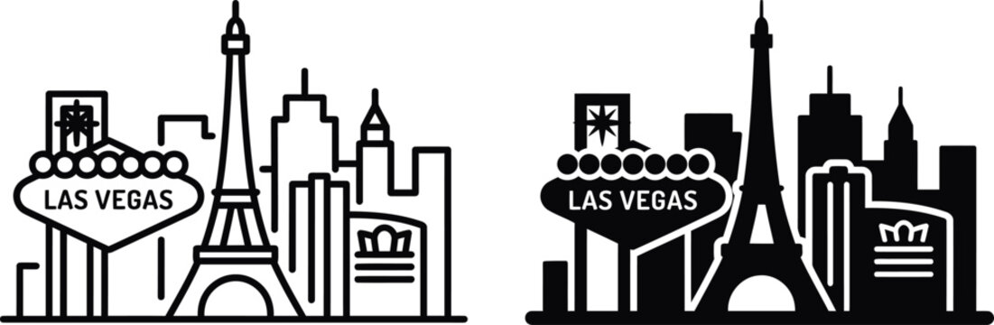 Las Vegas city skyline silhouette icon set with iconic architecture