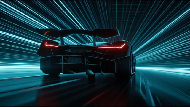 Concept supercars racing through a neon blue high speed light tunnel