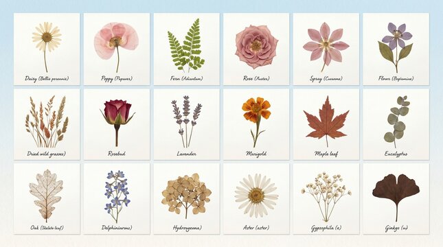 Set of pressed dried flowers and leaves isolated on white background