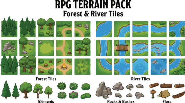 RPG Terrain Pack with Forest and River Tiles, Isometric Game Map Elements Vector, Top Down Nature Environment Assets for Level Design