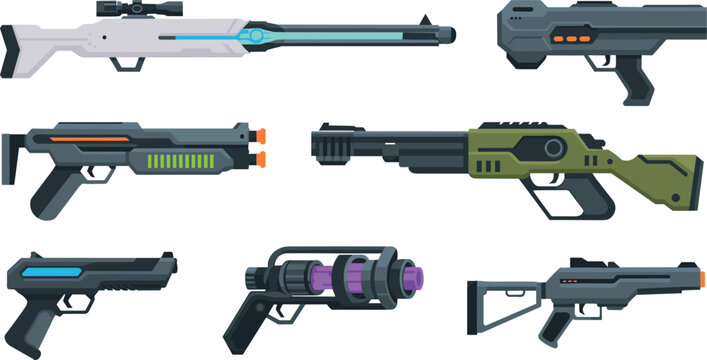 Sci-fi futuristic blaster weapons and space guns game interface flat vector icons collection set