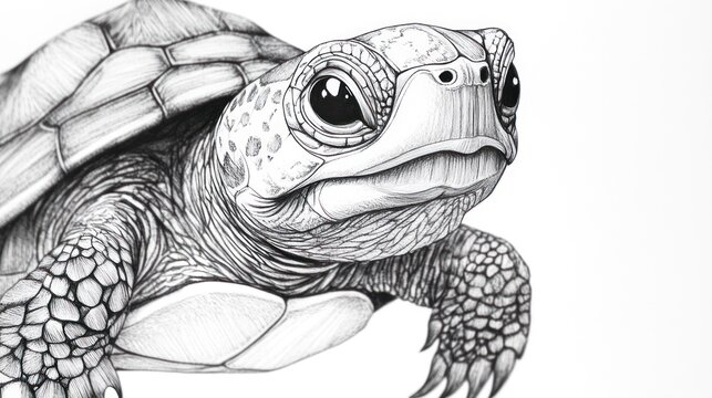 Detailed pen drawing of a turtle, its shell patterned, showcasing detailed scales and big eyes