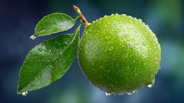 Vibrant green lime adorned with glistening water droplets and fresh leaves exudes refreshing invigorating essence. Healthy citrus fruit captured detailed closeup promises burst of natural tart